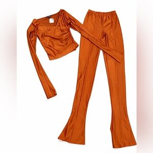 Rust Satin Two-Piece Set - Long Sleeve Crop Top & Flared Pants